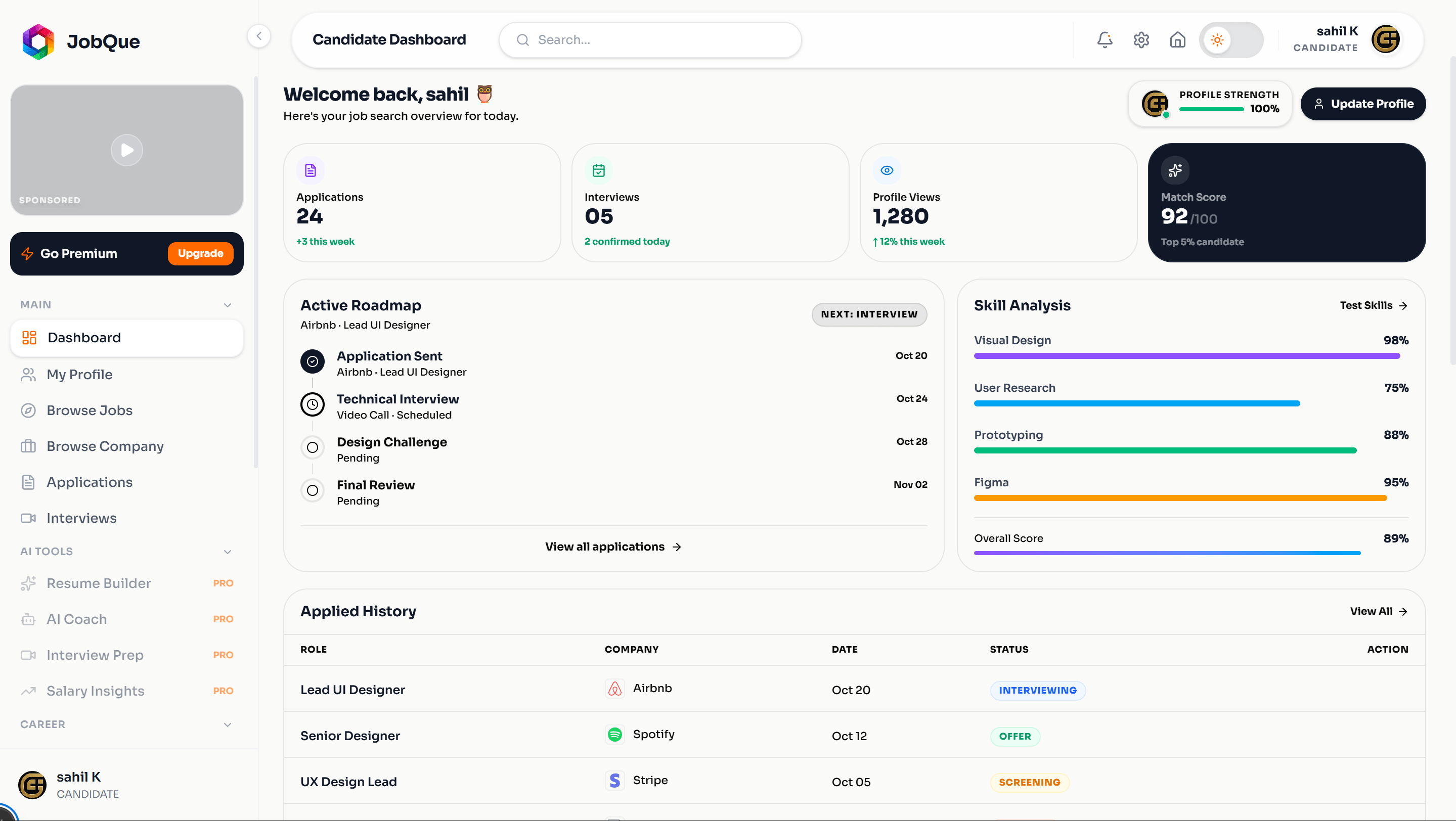 JobQue dashboard preview